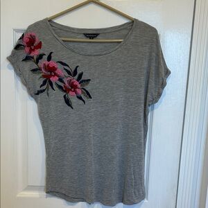 Hannah Heather Gray Top with Pink Floral Embroidery, small